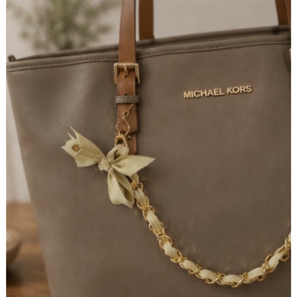 Michael Kors Large Saffiano Leather Tote Bag Taupe Brown Shoulder Purse Gold - Picture 10 of 10